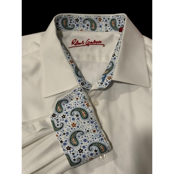 Robert Graham Other - Robert‎ Graham Shirt Button XXL White Herringbone Paisley Blue Contrast Cuff